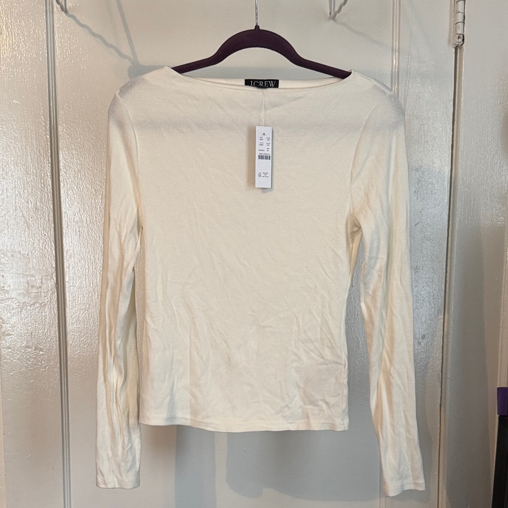 J. Crew Ivory Fine Rib Boatneck Long Sleeve Tee NWT
